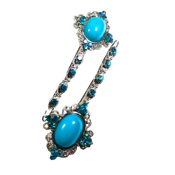 Barrette Clips Silver Tone Blue Aqua Color stone? Blue Rhinestone Set Of 2 Party - Picture 5 of 11